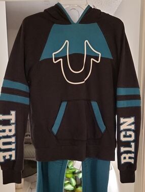 True Religion Teal and Black Logo Hooded Sweatsuit Xl